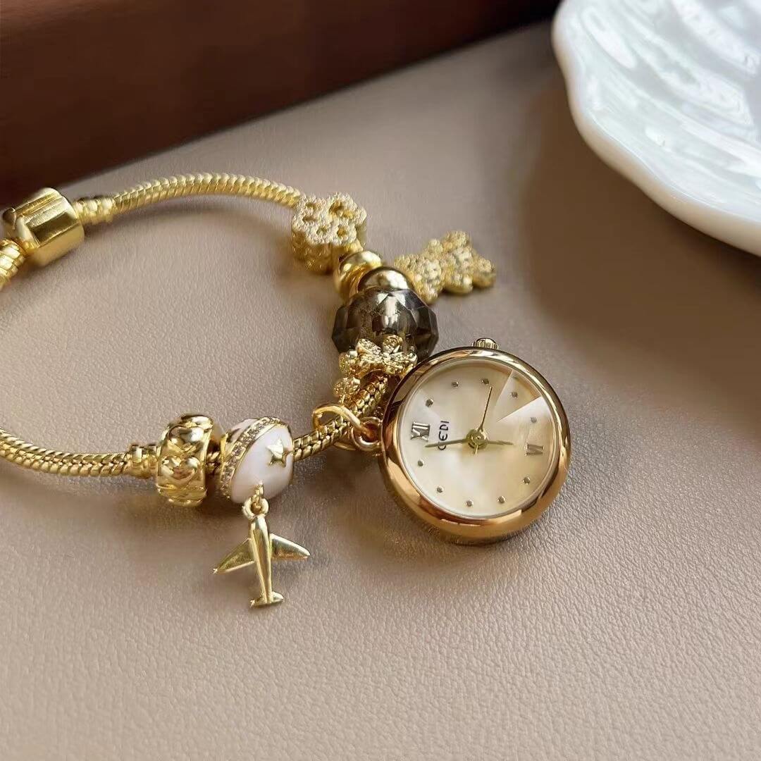 WatchwithSun Dainty Gold Round Charms Bracelet Watch
