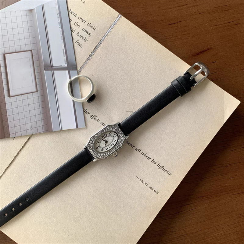 Dainty Oval Face Black Leather Watch