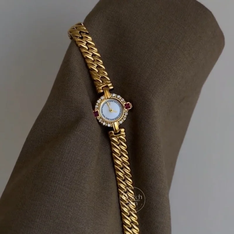 Vintage-Inspired Ruby Crystal Dial Gold Bracelet Ladies Watch ...