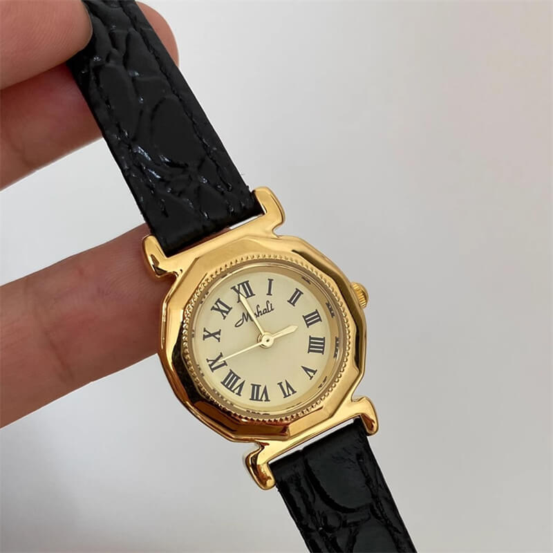 Minimalist Style Black-Gold/Silver Round Leather Watch for Women