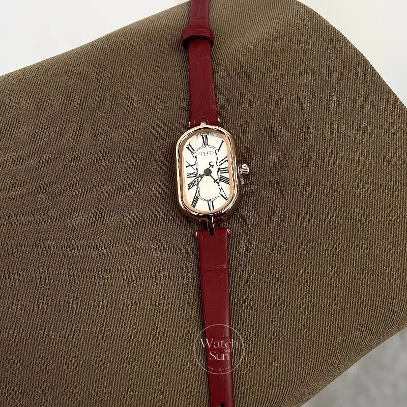 Classic Red Oval Genuine Leather Wristwatch