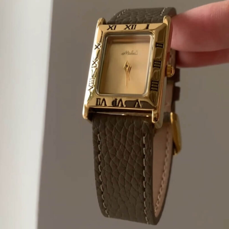 Classic Square Gold Face Genuine Leather Watch