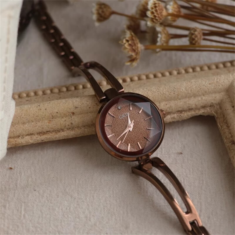 Dainty Brown/Silver Round Chain Watch for Women