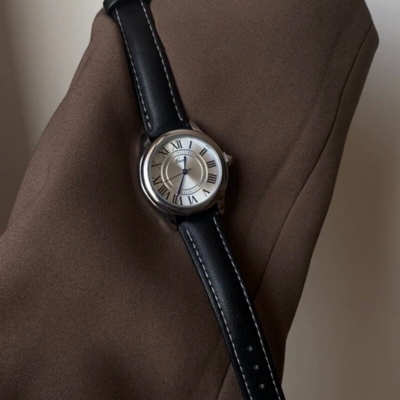 Classic Brown/Black Round Genuine Leather Women's Watch