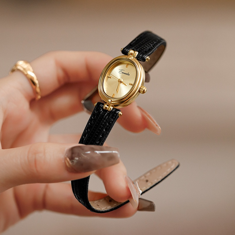 Vintage Style Brown/Black Oval Leather Watch for Women
