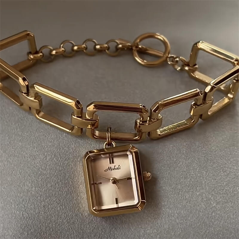 Women’s Dainty Gold Rectangle Stainless Steel Chain Watch