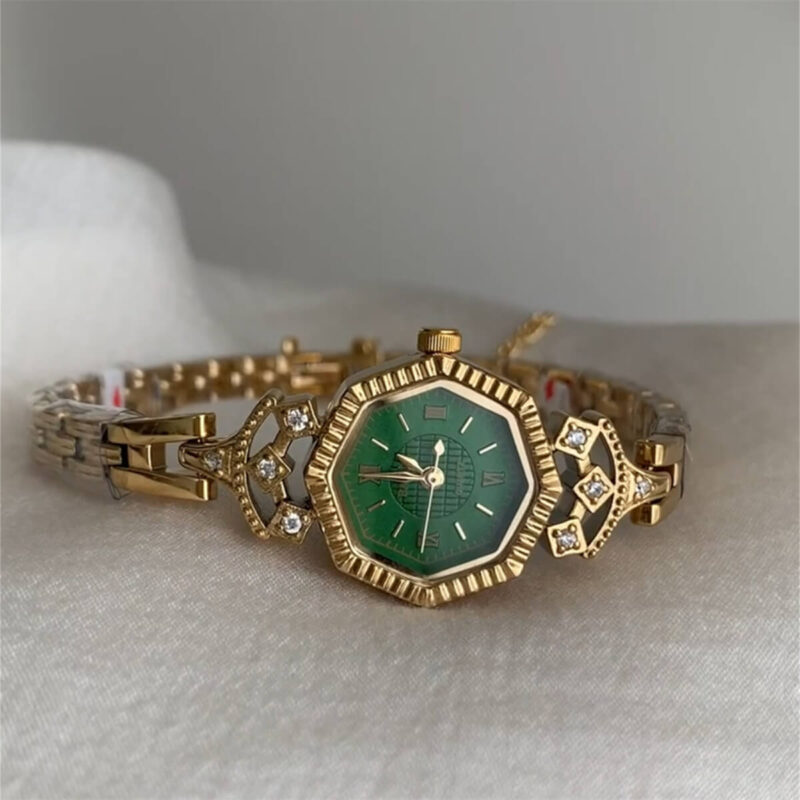 Vintage Style Emerald Green Dial Gold Bracelet Watch