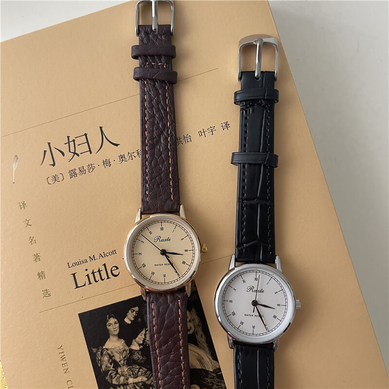Vintage Style Brown/Black Round Genuine Leather Watch