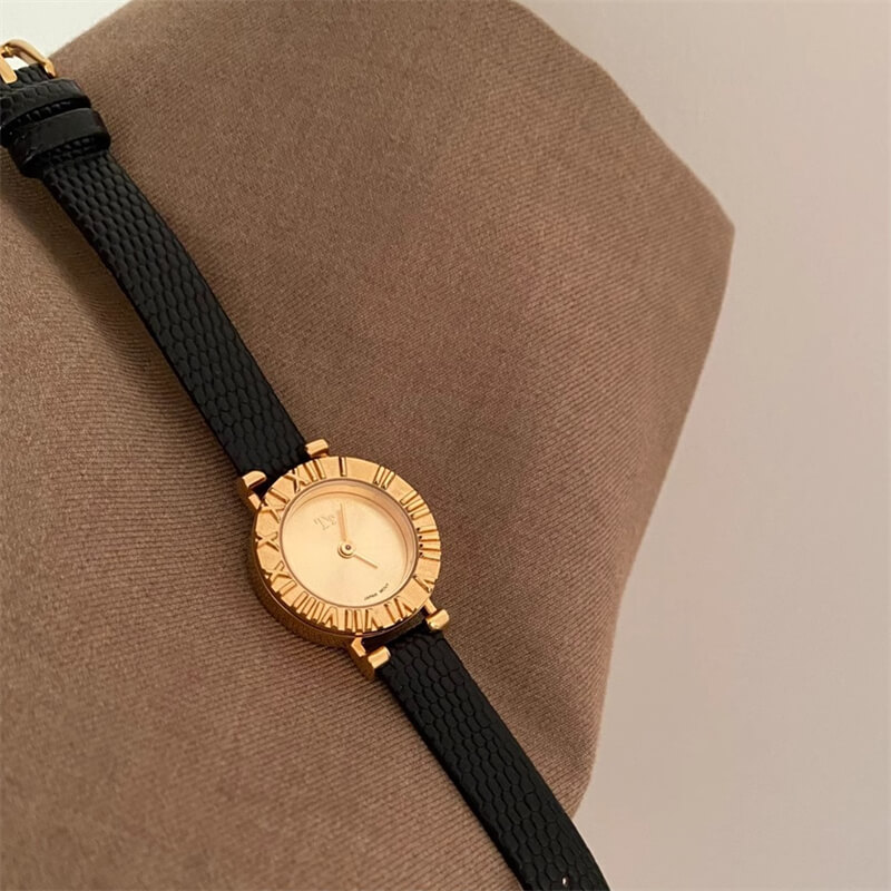 Minimalist Style Black-Gold/Silver Round Leather Watch for Women