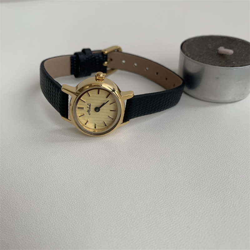 Dainty Black Gold Face Round Leather Watch for Women