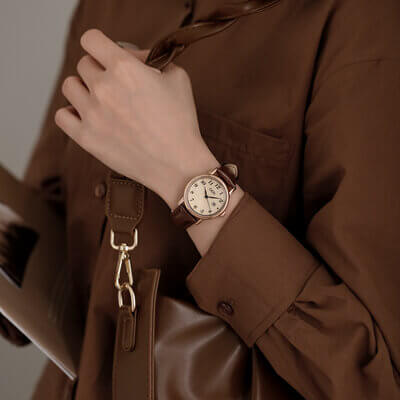Classic Brown Round Genuine Leather Women’s Watch