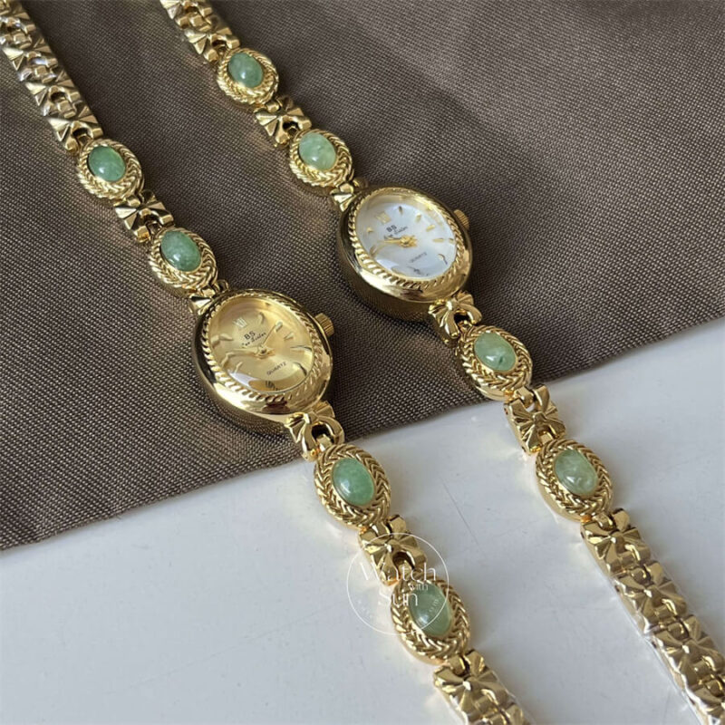 Vintage Oval Face Green Jade Stone Bracelet Watch