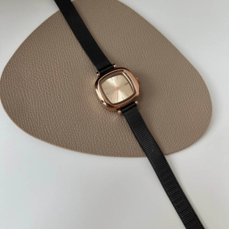 Classic Black-Gold Square Leather Watch for Women