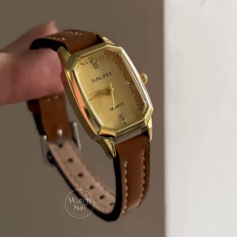 Minimalist Rectangle Gold Face Brown/Black Leather Watch