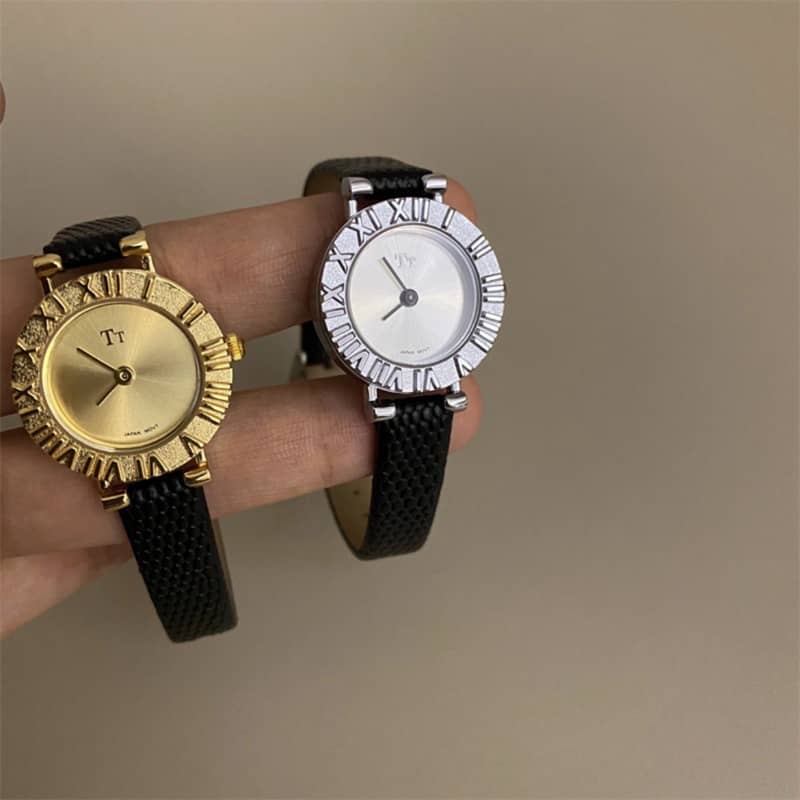 Minimalist Style Black-Gold/Silver Round Leather Watch for Women