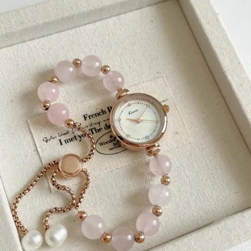 Dainty Rose Quartz Bracelet Ladies Watch Mother of Pearl Dial Pink Bracelet Watch