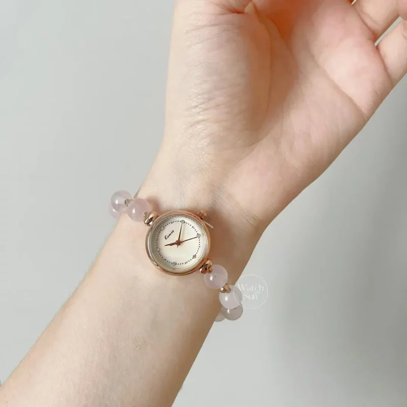 Dainty Rose Quartz Bracelet Ladies Watch Mother of Pearl Dial Pink Bracelet Watch