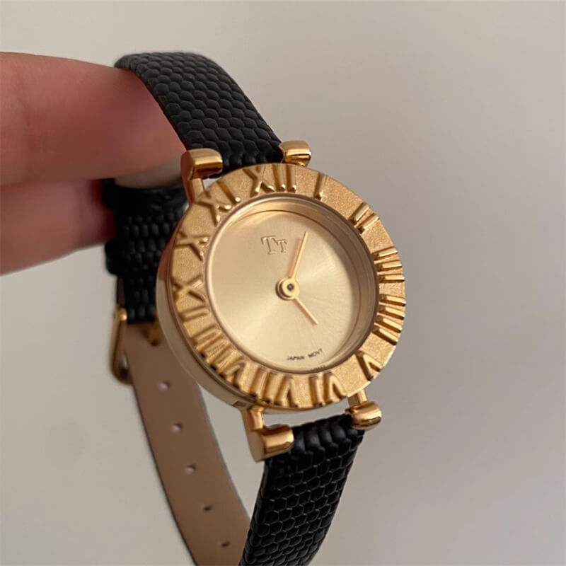 Minimalist Style Black-Gold/Silver Round Leather Watch for Women