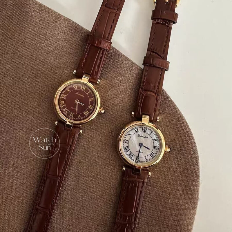 Vintage Roman Numeral Dial Brown Leather Watch