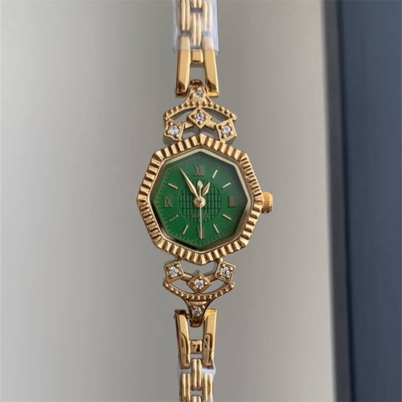Vintage Style Emerald Green Dial Gold Bracelet Watch