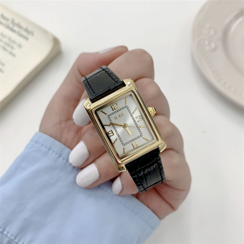 Classic Black Rectangle Women’s Leather Watch