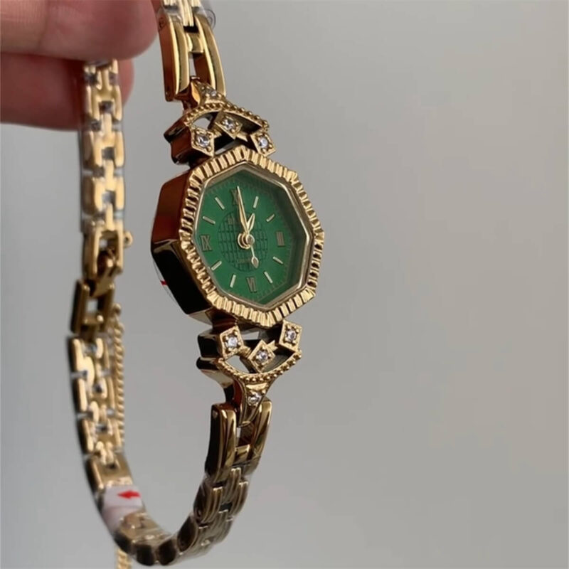 Vintage Style Emerald Green Dial Gold Bracelet Watch