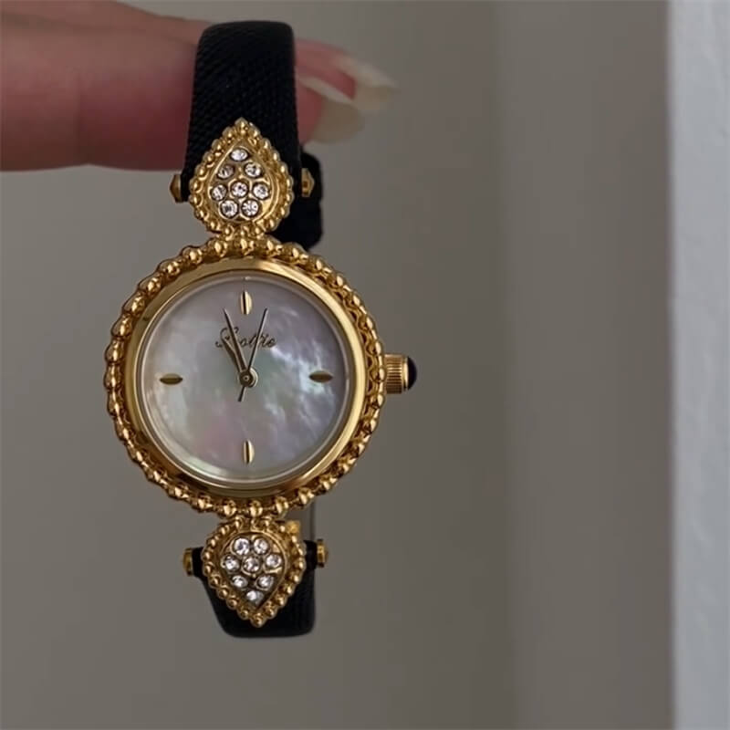 Danity Gold Round Face Genuine Leather Watch For Women