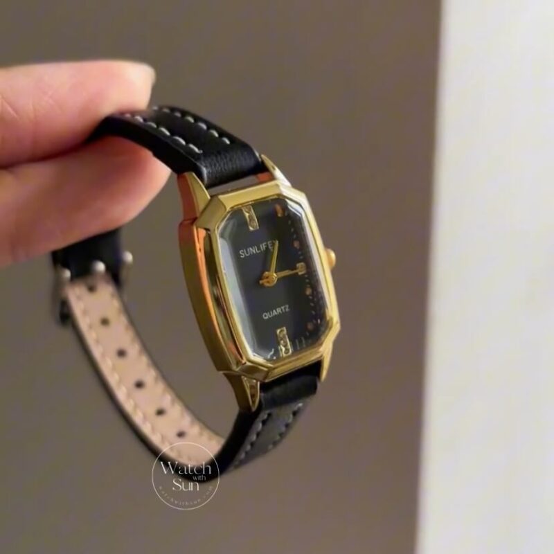 Minimalist Rectangle Gold Face Brown/Black Leather Watch