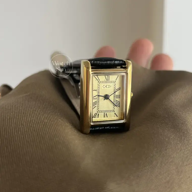 Classic black leather square Roman numeral gold dial watch