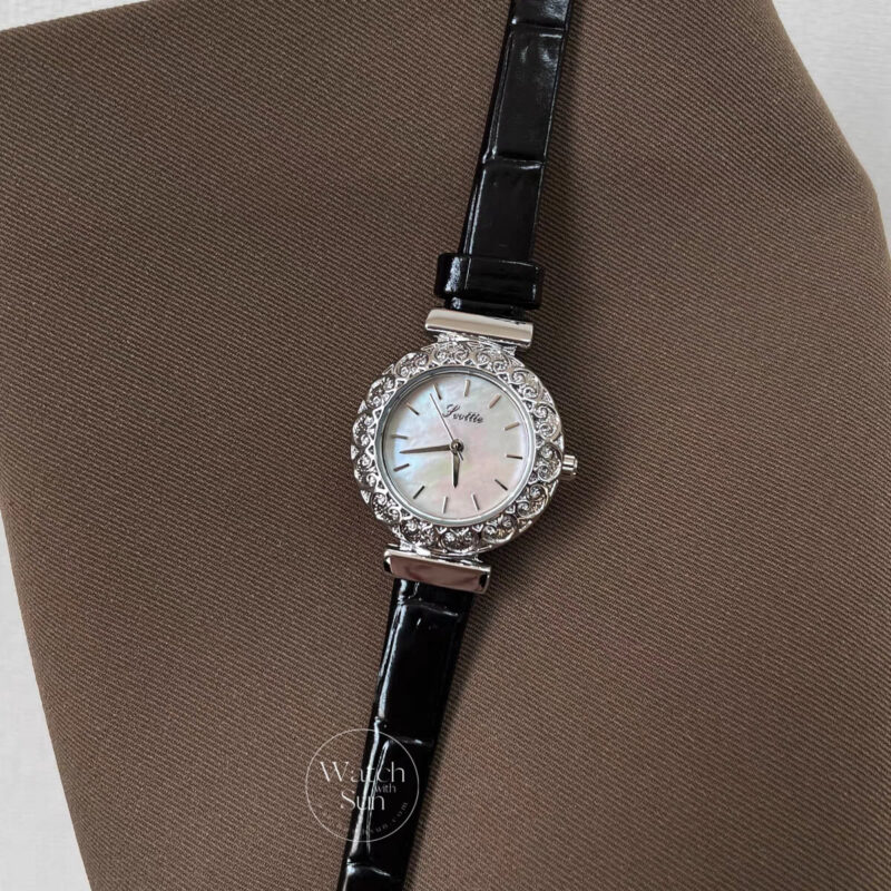 Dainty Mother of Pearl Round Face Black Leather Watch