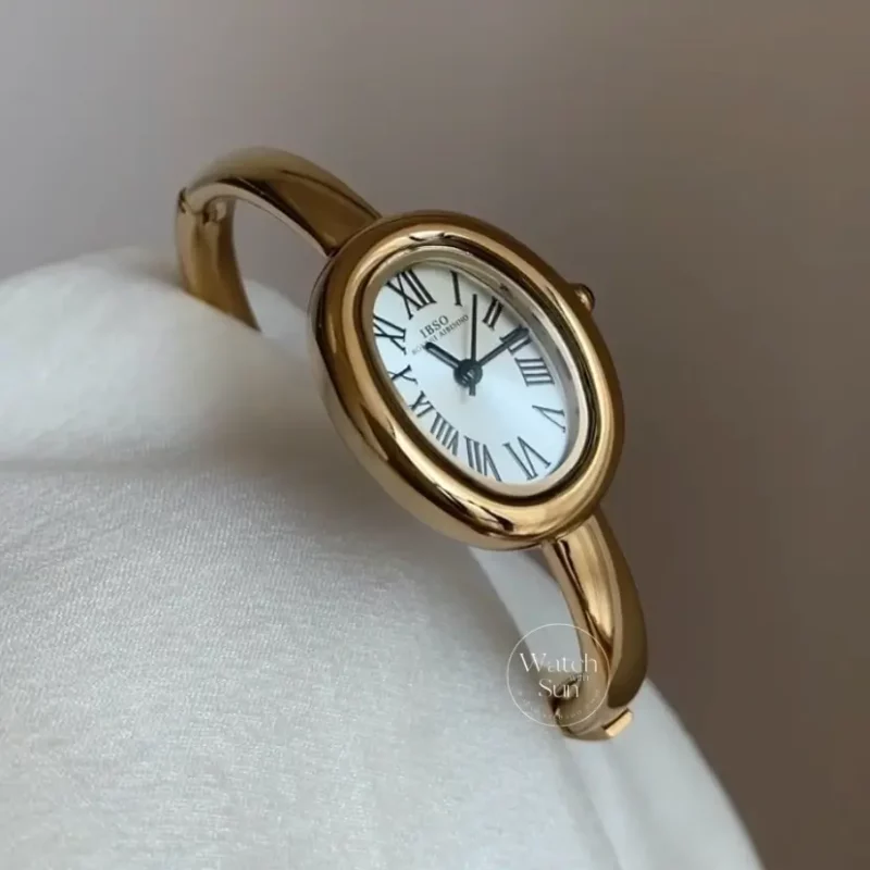 Vintage Gold Oval Watch for Women Roman Numeral Dial Bangle Watch