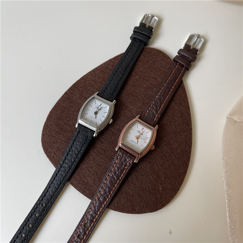 Vintage Style Black/Brown Barrel Leather Ladies Watch