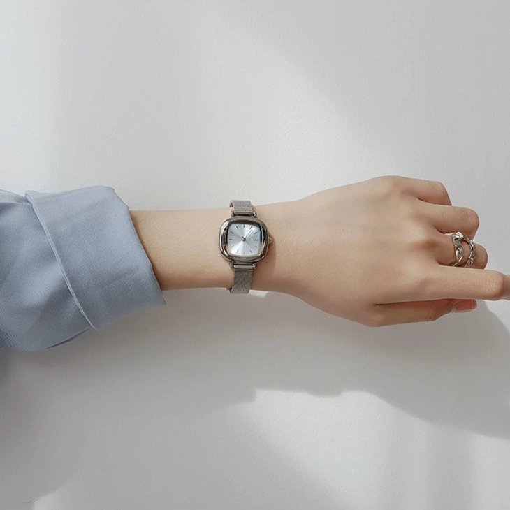 Minimalist Style Silver-Blue Square Bracelet Ladies Watch