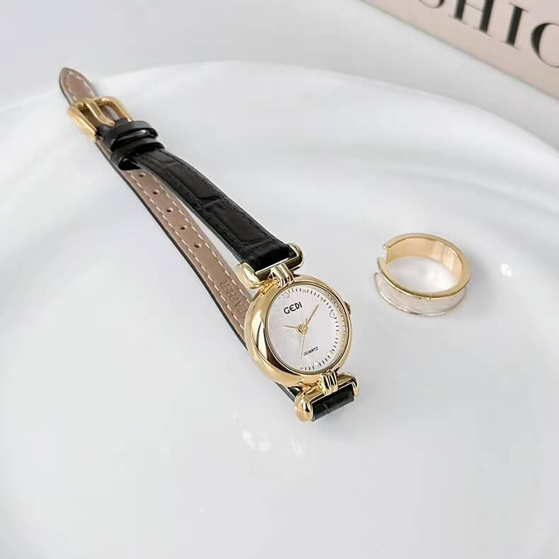 Vintage Black Round Genuine Leather Watch for Women
