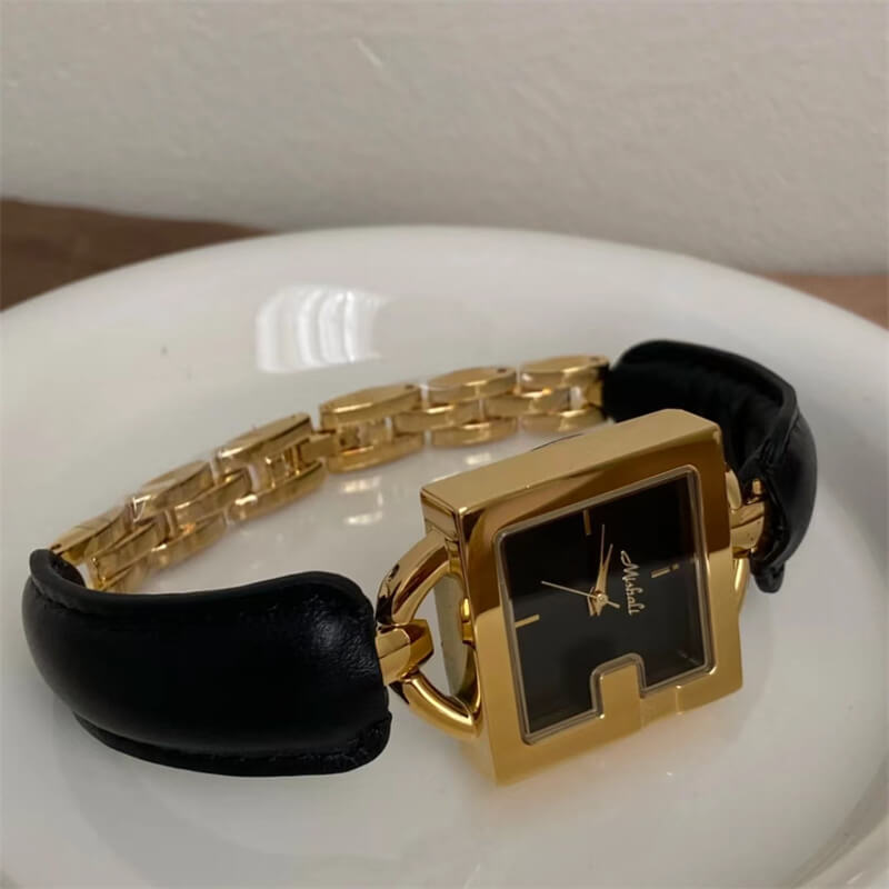 Dainty Black Square Leather Bracelet Wristwatch