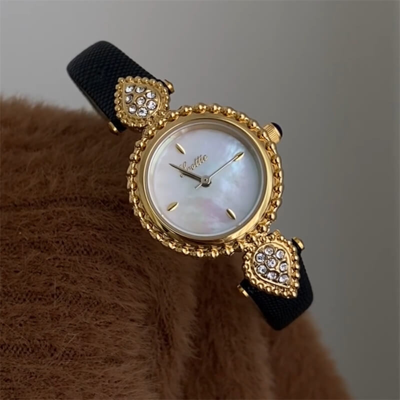 Danity Gold Round Face Genuine Leather Watch For Women