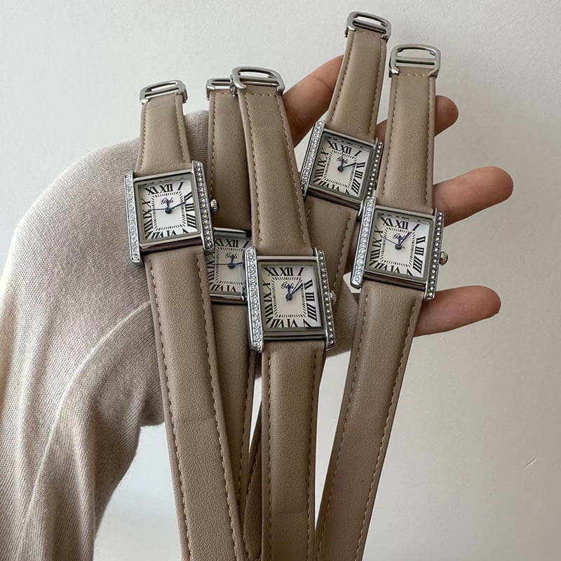 Beige Square Roman Numeral Dial Women's Leather Watch