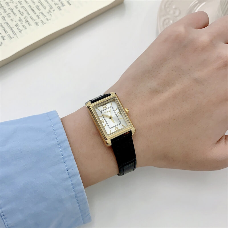 Classic Black Rectangle Women’s Leather Watch