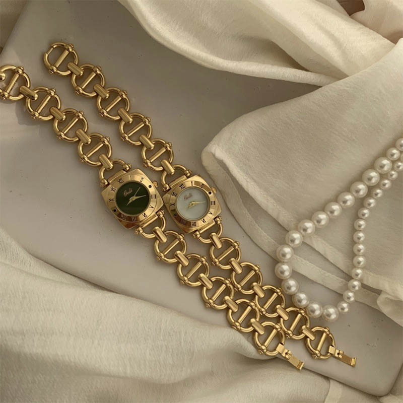 Gold Stainless Steel Round Dial Women's Wide Chain Watch