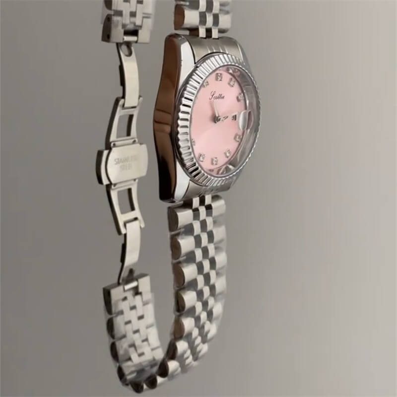 Chic Style Silver-Pink Round Bracelet Watch for Women