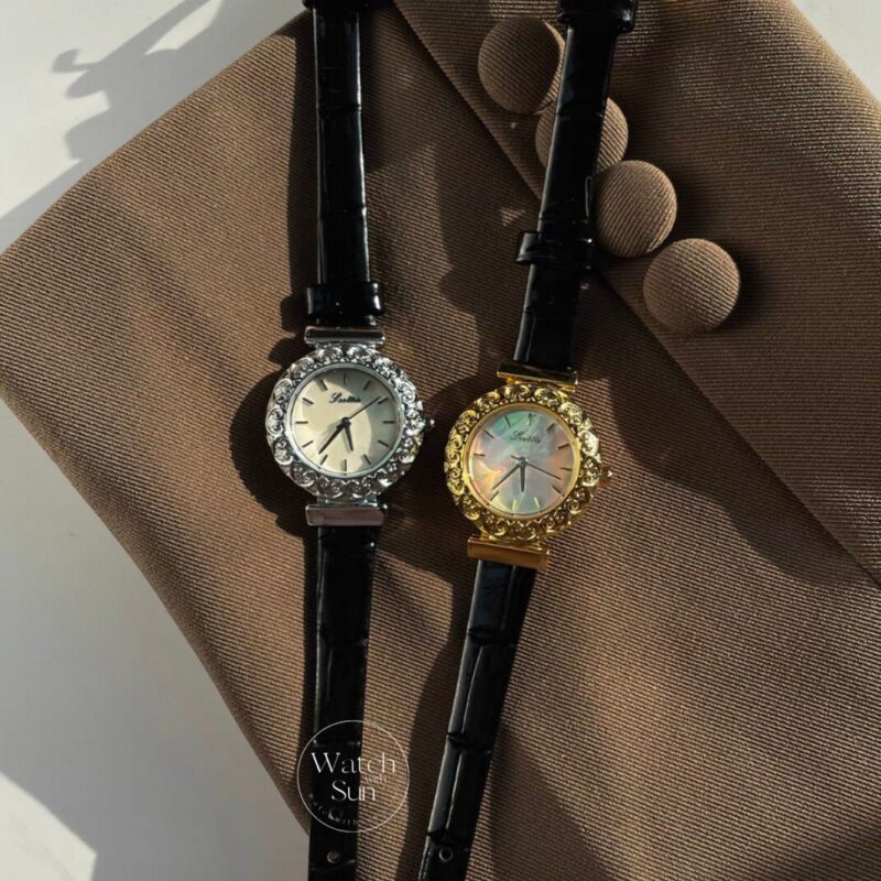 Dainty Mother of Pearl Round Face Black Leather Watch