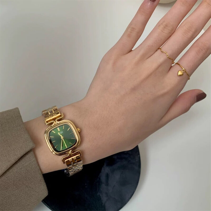 Square Emerald Green Face Gold Bracelet Watch