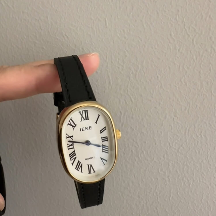 Vintage Black/Brown Band Oval Leather Wristwatch