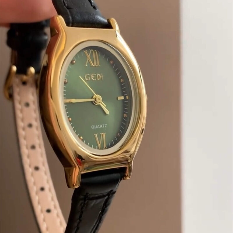 Vintage Green Oval Face Leather Watch for Women