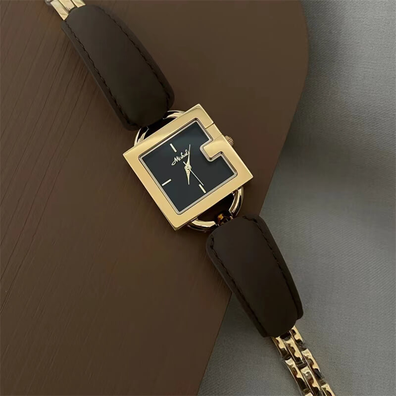 Dainty Black Square Leather Bracelet Wristwatch