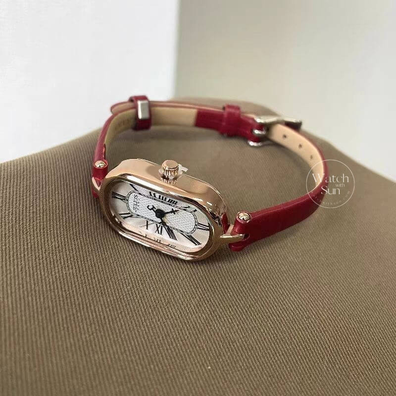Classic Red Oval Genuine Leather Wristwatch