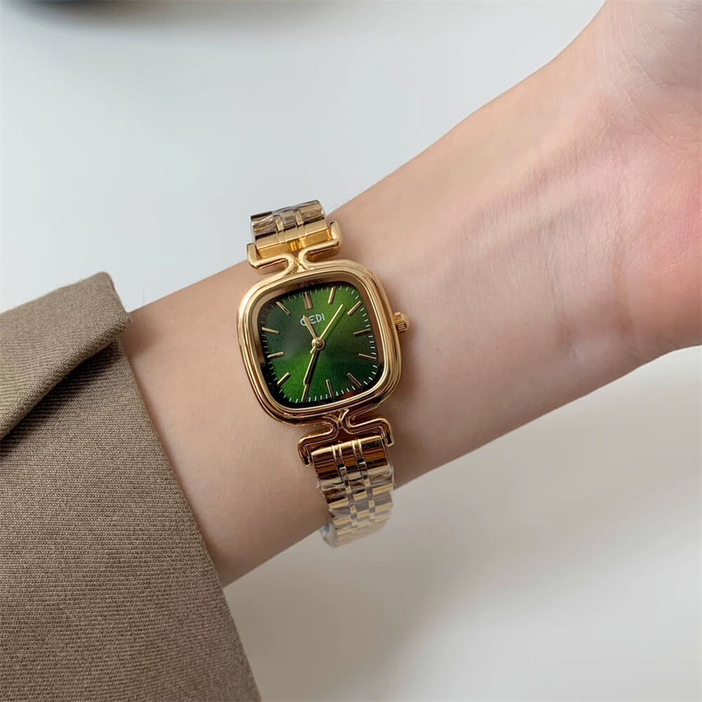 Square Emerald Green Face Gold Bracelet Watch