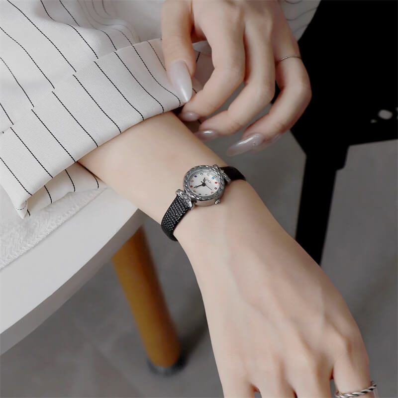 Dainty Brown/Black Round Leather Ladies’ Watch
