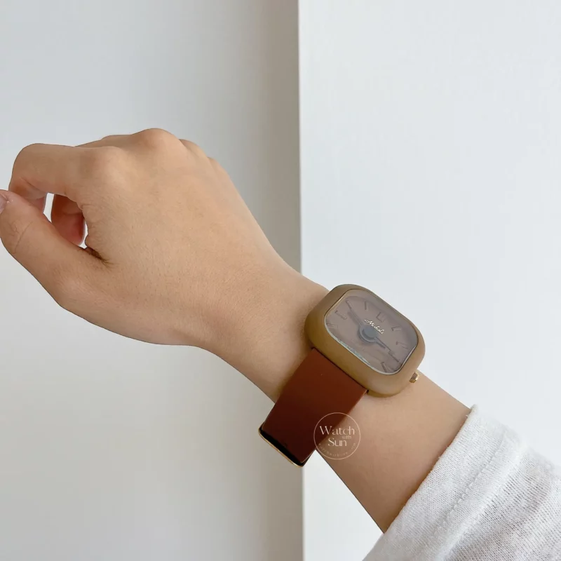 Minimalist Style Rectangle Face Brown Band Watch