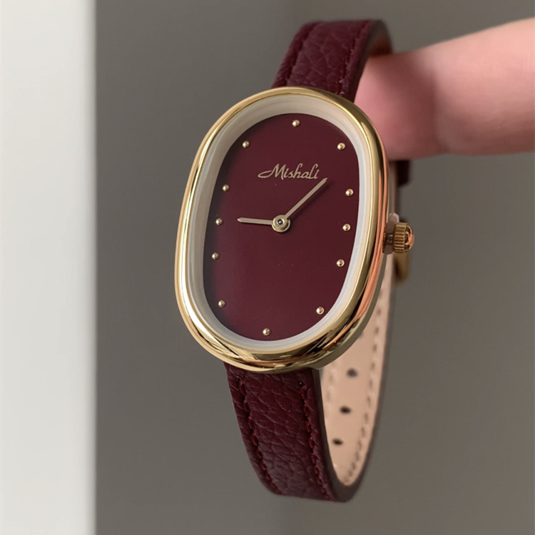 Vintage Style Red Brown Oval Genuine Leather Watch